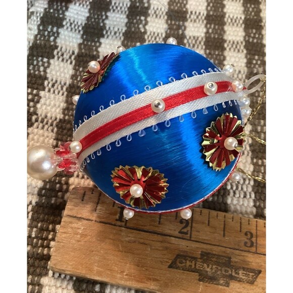 Hand Made Pins Beads Sequin Christmas Ornaments 1970's Black Gold Blue Red White - Picture 11 of 13
